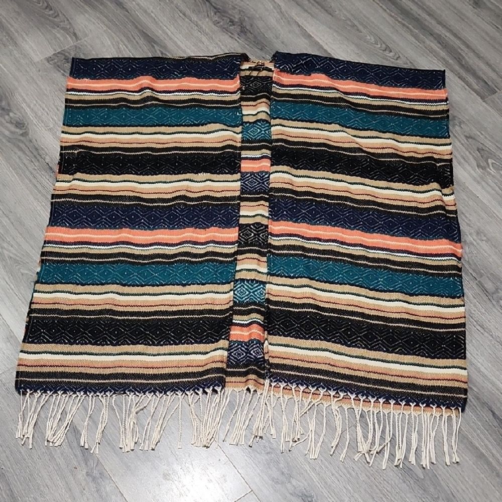 Ethenic Colorful Fringe Poncho W/Pin